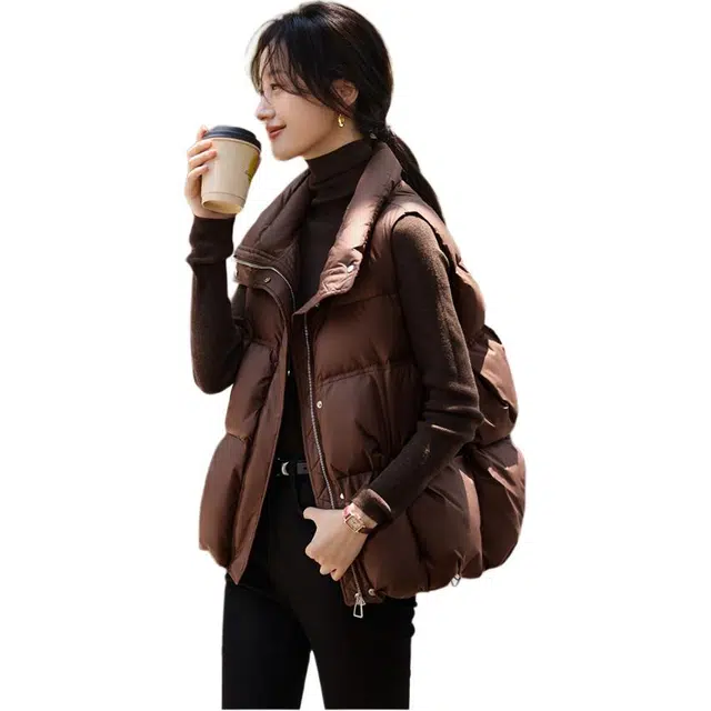 沫晗依美 舒适蓬松布包扣设计立领羽绒服 女款 咖啡色