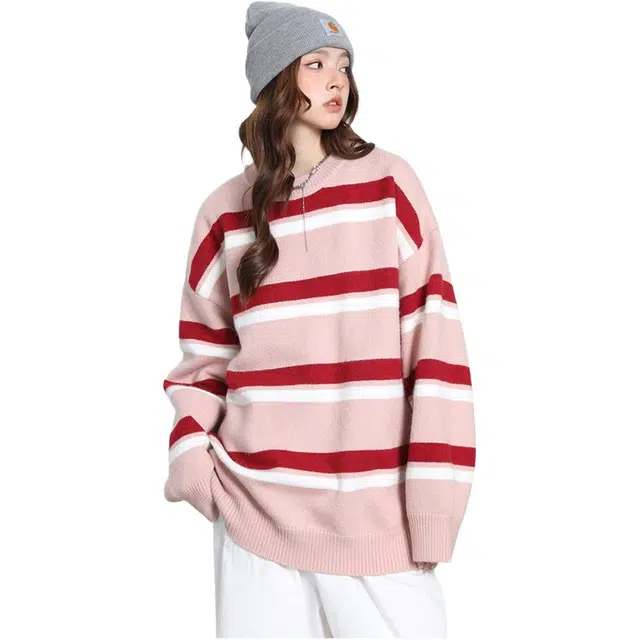 欧迪芬 秋冬季潮牌条纹打底衫内搭毛线衣服复古撞色宽松百搭柔软舒适保暖毛衣 女款