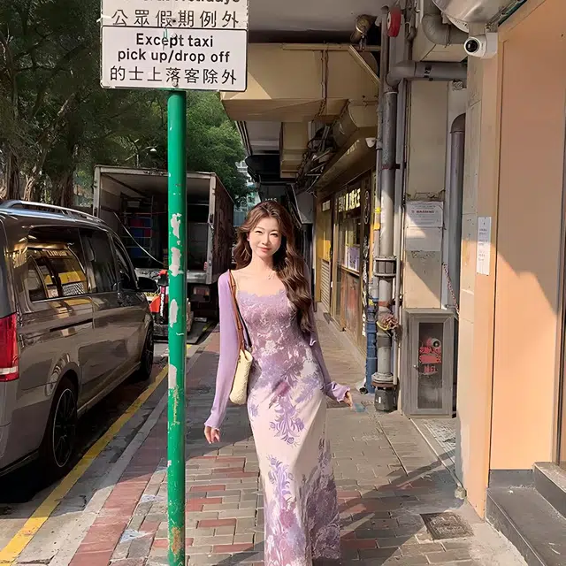 玉儿恋 纯欲风新中式气质复古碎花拼接蕾丝吊带开衫度假茶歇裙装套装 女款 紫色单品