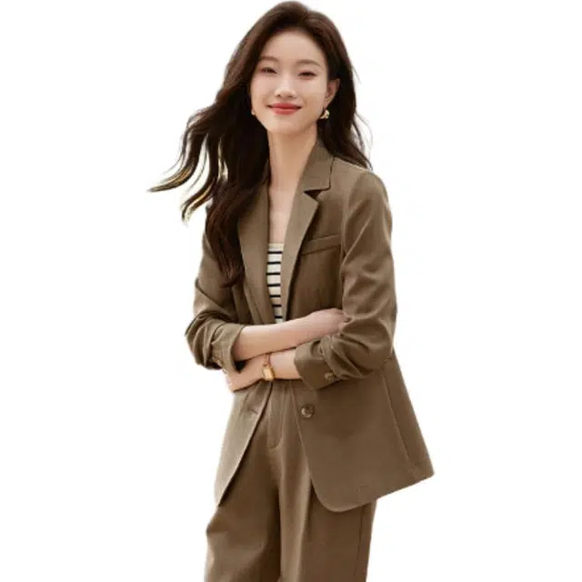 沫晗依美 纯色时尚通勤百搭舒适长袖西装 女款 卡其色