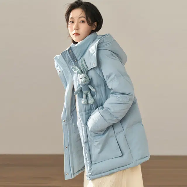 茵曼 纯色拉链连帽羽绒服 女款 灰蓝色