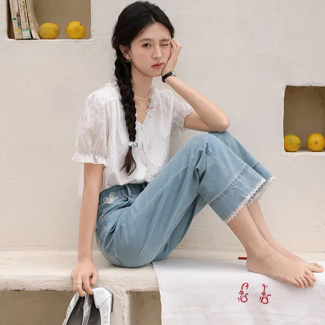 鹿向南 适中直筒高腰宽松牛仔裤 女款