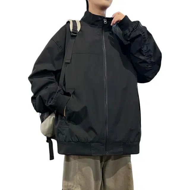 法文箱子 美式复古纯色立领宽松外套极简百搭设计感工装夹克 男款