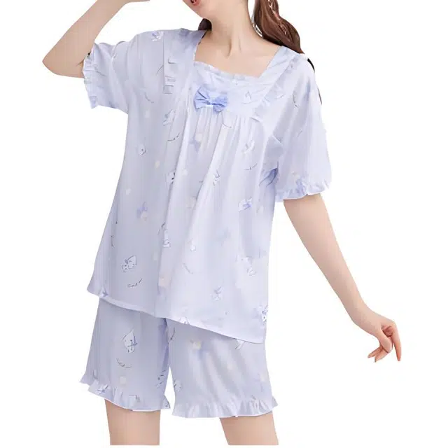 都市丽人 方领套头舒适简松紧腰三分裤睡衣套装 女款 郁金香紫