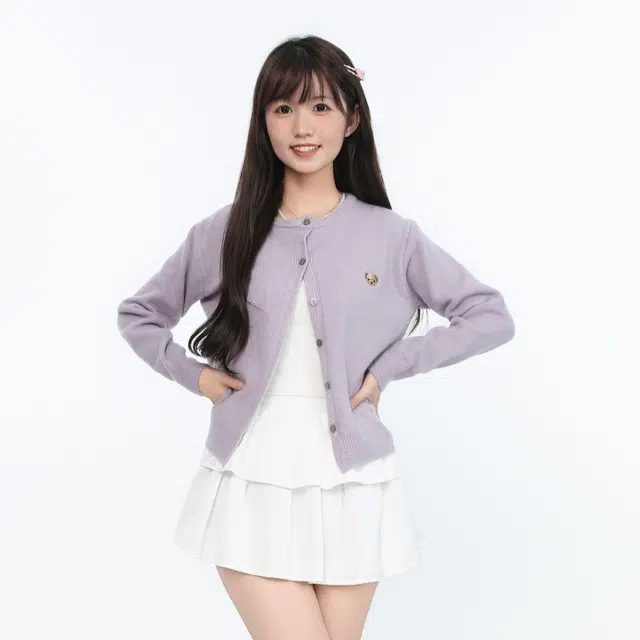 御茶家 可爱小熊刺绣开衫单排扣宽松针织衫 女款 紫色