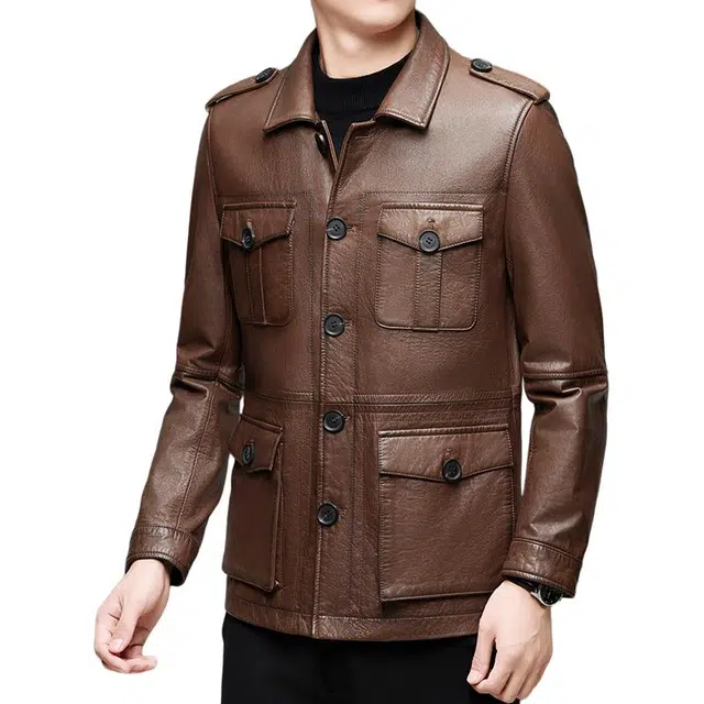 太子龍 头层油蜡牛皮真皮春秋季翻领皮夹克工装多口袋机车服外套皮衣 男款