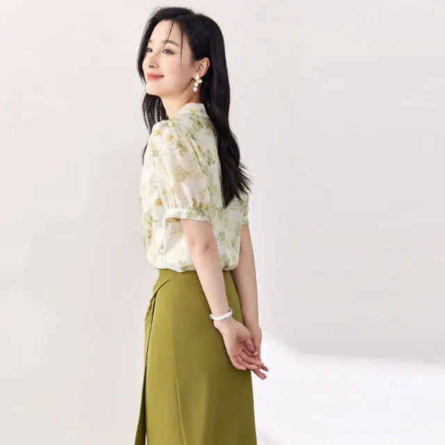 欧昵雪 飘带缎面印花短袖衬衫 女款 花色