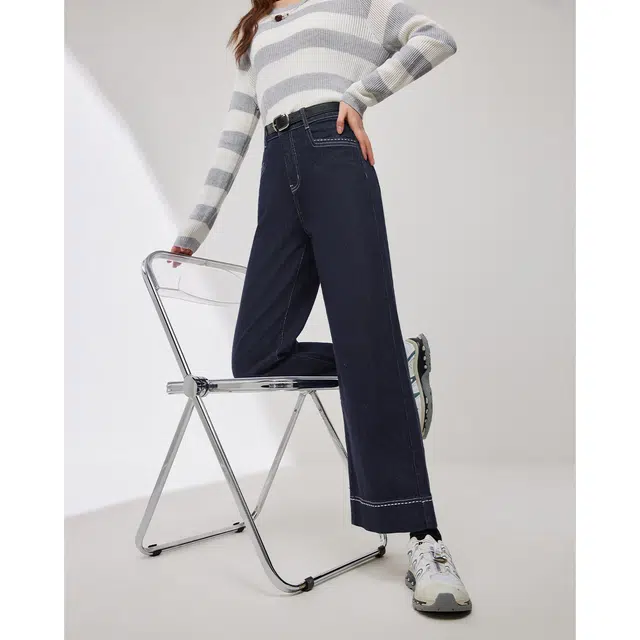 爱依服 高腰直筒长裤牛仔裤 女款 牛仔深蓝