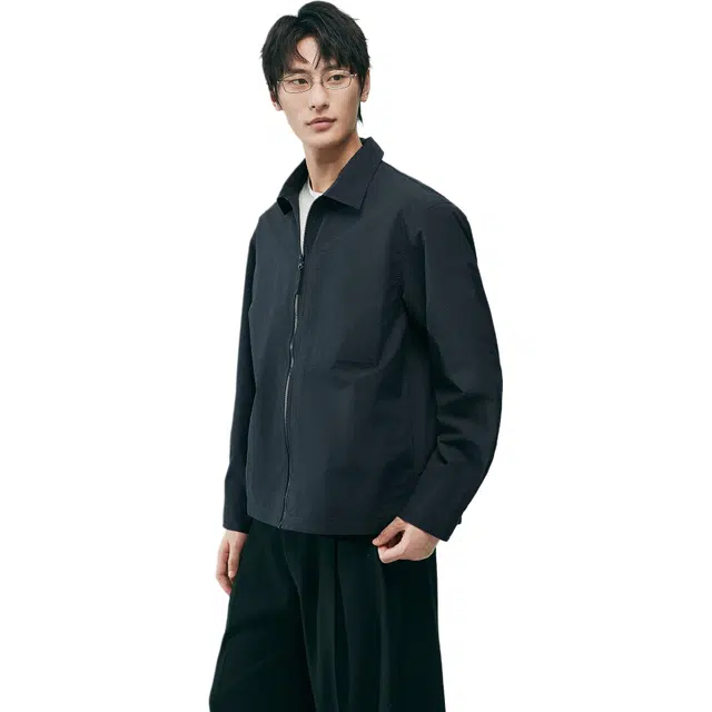 棉先生 提花拉链纯色常规长袖翻领夹克外套 男款