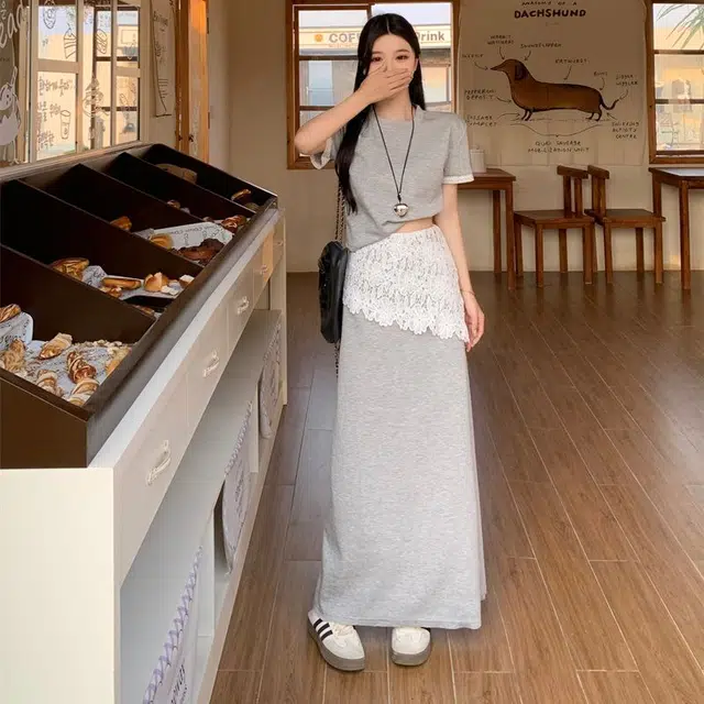 古莲菲 时尚拼接短袖两件套裙装套装 女款