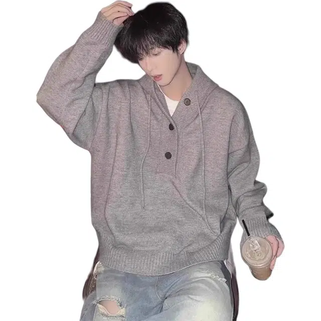 洞洞拐 日系慵懒复古连帽百搭简约时尚流行潮流文艺针织衫 男女同款