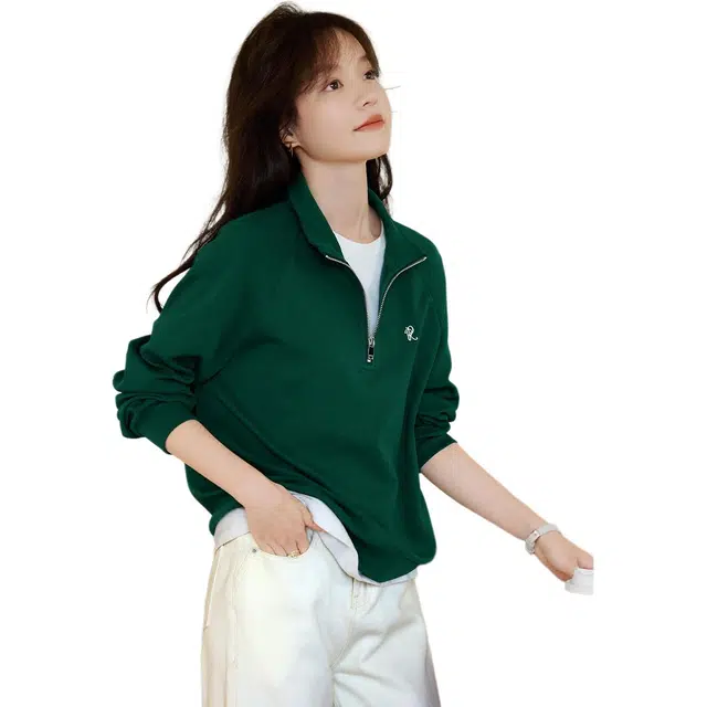 沫晗依美 休闲立领宽松插肩长袖卫衣 女款 绿色