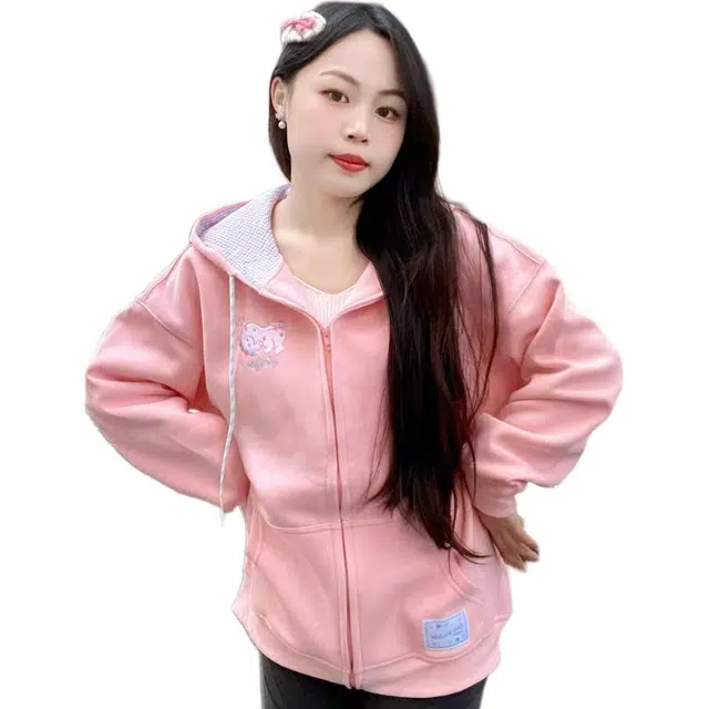 邓大喵 日系可爱小狗刺绣开衫卡通薄款女秋冬季宽松甜美百搭加绒连帽外套卫衣 女款