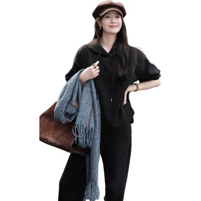 美洋 纯色高腰直筒九分休闲裤 女款 黑色