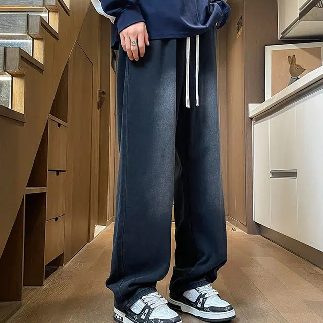 法文箱子 美式复古高街潮流百搭抽绳宽松直筒休闲牛仔裤 男款