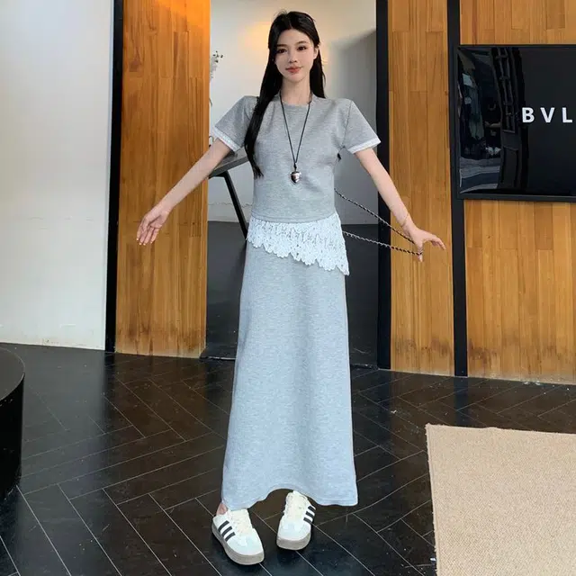 古莲菲 时尚拼接短袖两件套裙装套装 女款