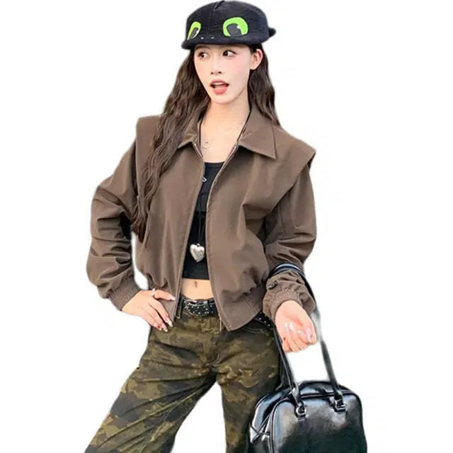 水中花 美拉德垫肩皮夹克设计感截短外套 女款