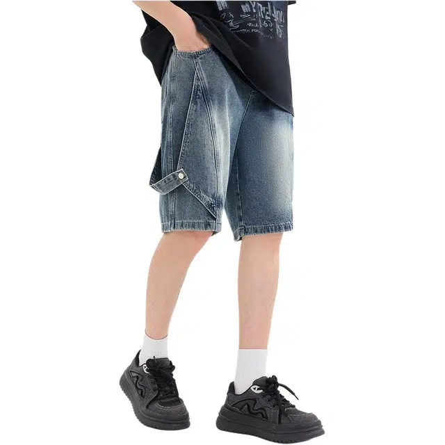 三福 飘带街潮宽松直筒裤中腰五分裤牛仔短裤 男款