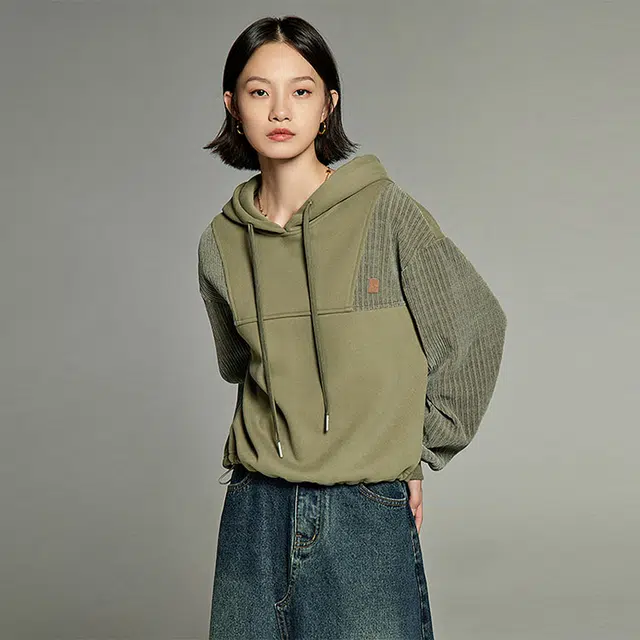 初语 拼色连帽长袖卫衣 女款