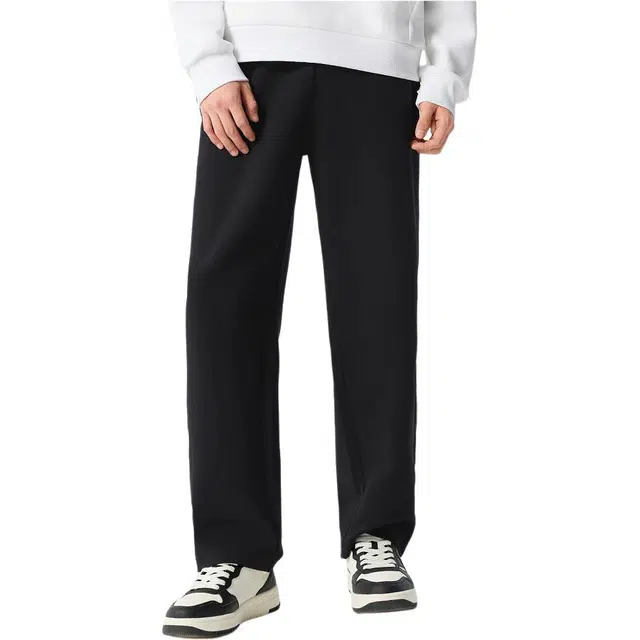 特步 运动生活系列 生活系列 纯色中腰舒适透气百搭直筒休闲裤 男款 正黑色