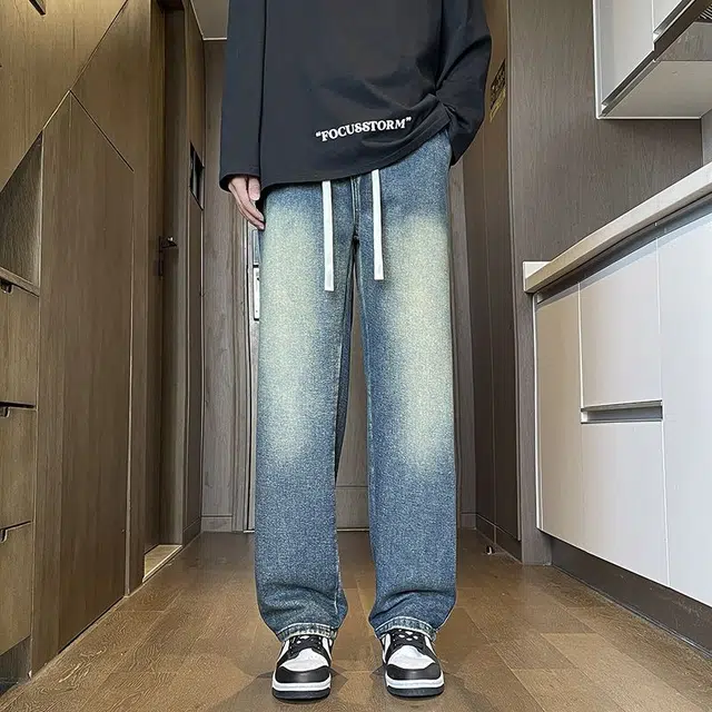 法文箱子 复古水洗做旧牛仔裤简约时尚潮流宽松百搭休闲直筒裤 男款