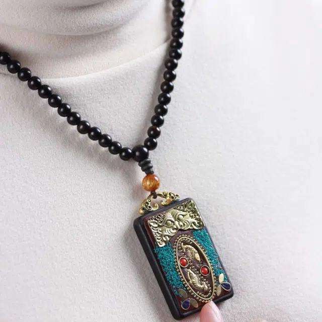 爵倾 民族风唐卡【年年有余】吊坠毛衣链#好运 黑檀 项链 男女同款情侣款