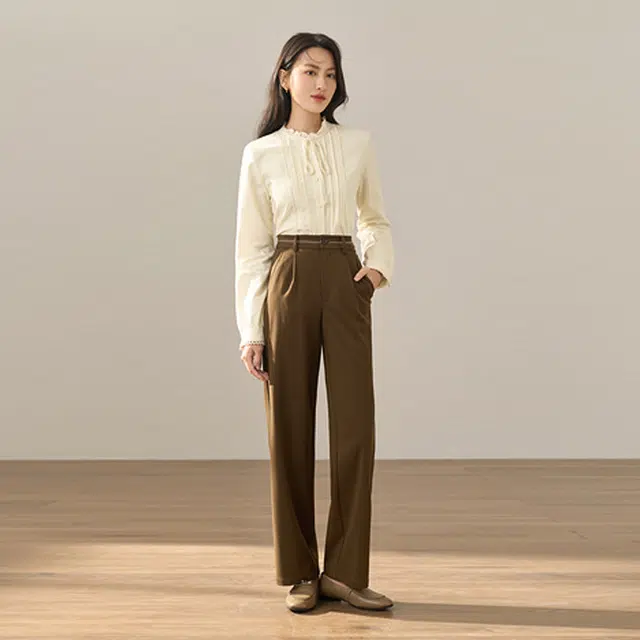 茵曼 纯色高腰休闲裤 女款 咖啡色