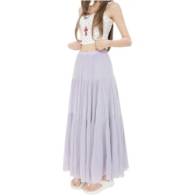 竺妃 温柔风百褶裙法式褶皱垂感大裙摆半身裙休闲长裙 女款