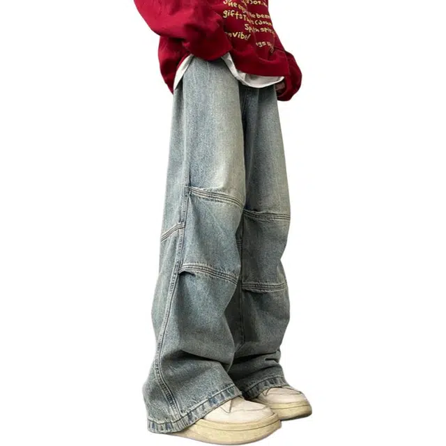 大格子与黑猫 水洗做旧男秋季美式复古阔腿拖地长裤潮牌宽松直筒休闲裤子牛仔裤 男款