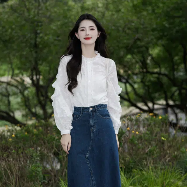 茵曼 法式通勤宽松立领长袖衬衫 女款 米白色