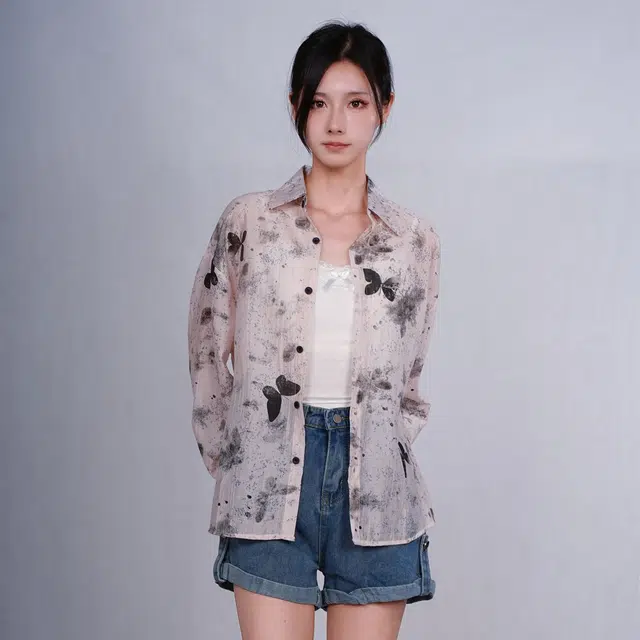 御茶家 水墨风蝴蝶印花慵懒感薄款长袖衬衫 女款 粉色