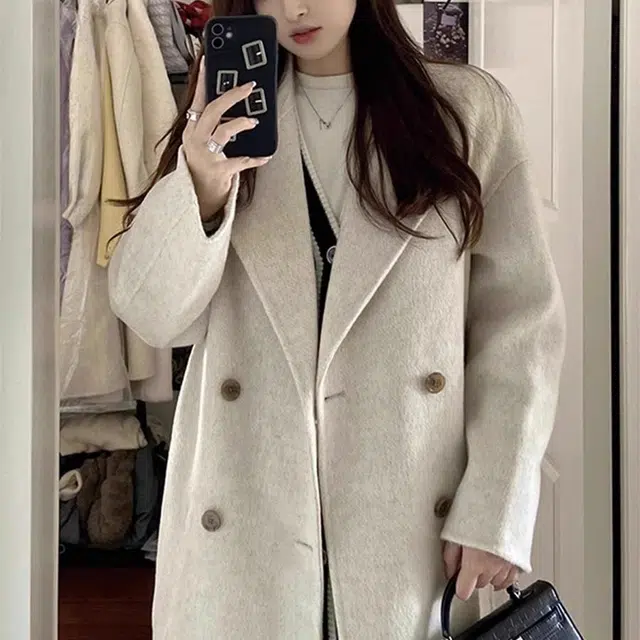 古莲菲 纯色双排扣中长款长袖大衣 女款 燕麦色