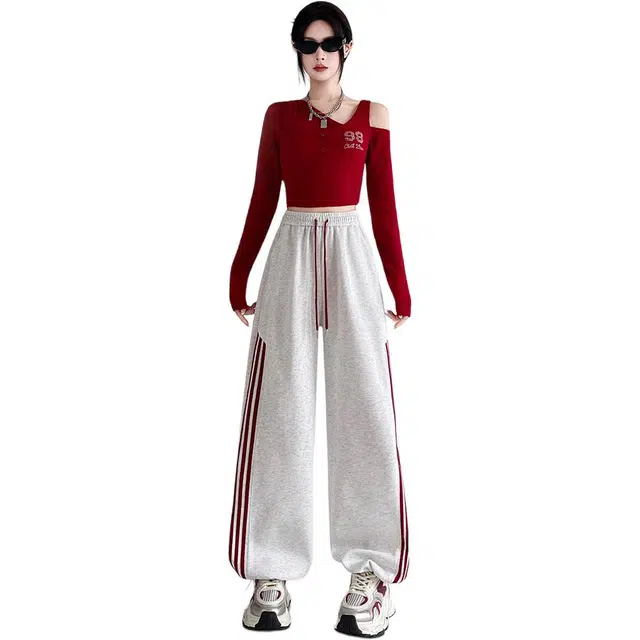 思蓓儿 美式三条杠运动裤秋季高腰阔腿束脚卫裤工装裤休闲裤 男女同款