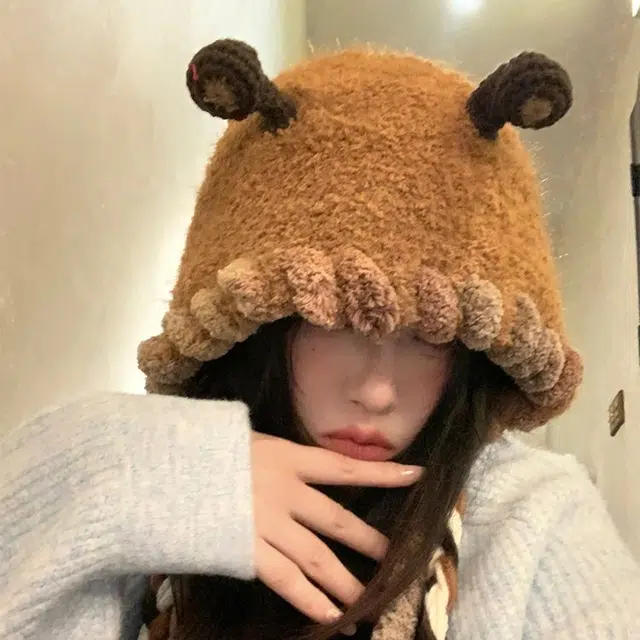 【秋冬必备~通勤神器】 攸委 可爱小怪兽毛绒针织帽子女冬季保暖加厚护耳帽 涤纶 手工编织卡通大头围绒线帽雷锋包头帽 男女同款情侣款