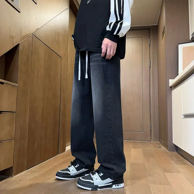 法文箱子 复古高街直筒休闲长裤怀旧水洗秋冬常规潮流百搭牛仔裤 男款