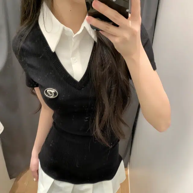 依钗 韩系学院风假两件收腰显瘦百褶裙装短袖连衣裙 女款