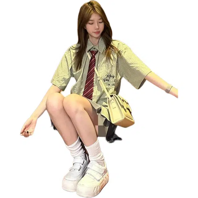 木清清 港风条纹短袖衬衫百褶裙日系学院风小个子裙装套装 女款