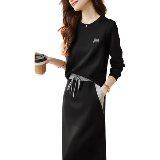 沫晗依美 时尚百搭上衣休闲舒适下衣裙装套装 女款 黑色