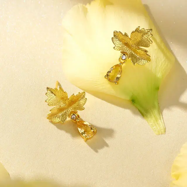 阿黛丽 枫叶天然黄晶 水晶 耳环 女款 纯银奢侈品简约