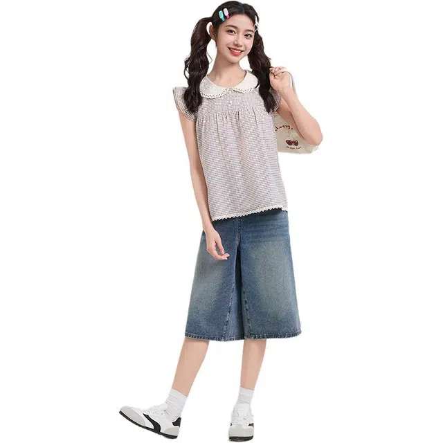 三福 格子娃娃领舒适短袖衬衫 女款 卡其格