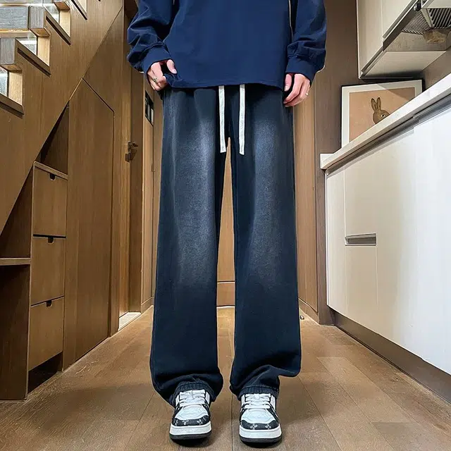 法文箱子 美式复古高街潮流百搭抽绳宽松直筒休闲牛仔裤 男款