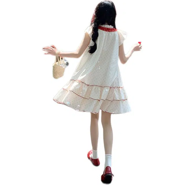 梨九九 小个子夏季蝴蝶结小飞袖短裙波点中长短袖连衣裙 女款