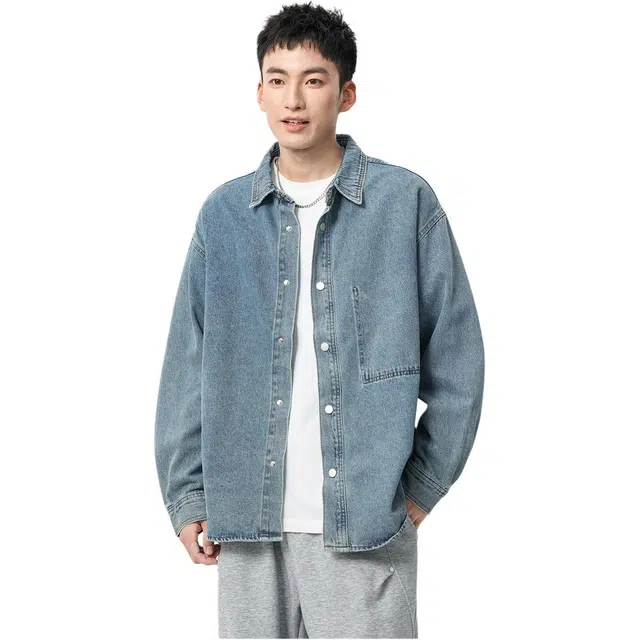 米素力 复古牛仔宽松翻领长袖衬衫 男款 蓝色