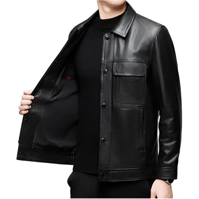 太子龍 头层牛皮秋冬翻领商务休闲中年爸爸装单皮夹克外套皮衣 男款