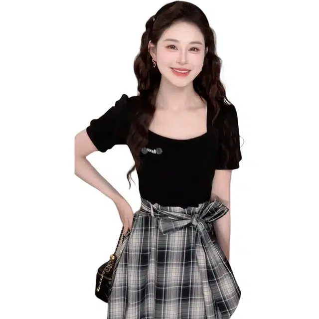 鹿向南 假两件长裙简约拼色常规短袖方口领优雅气质收腰裙装套装 女款