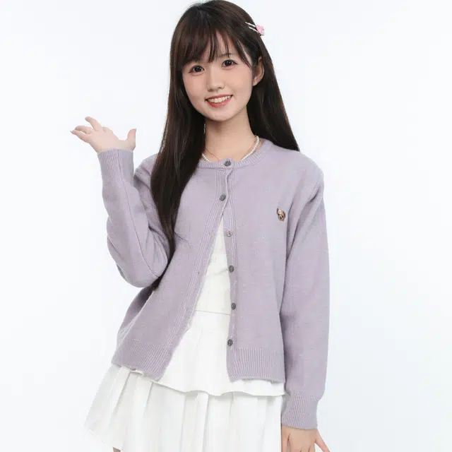 御茶家 可爱小熊刺绣开衫单排扣宽松针织衫 女款 紫色
