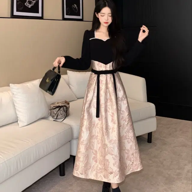 古莲菲 秋冬气质洋气法式季重工高级感钉珠提花拼接轻奢礼服长袖连衣裙 女款