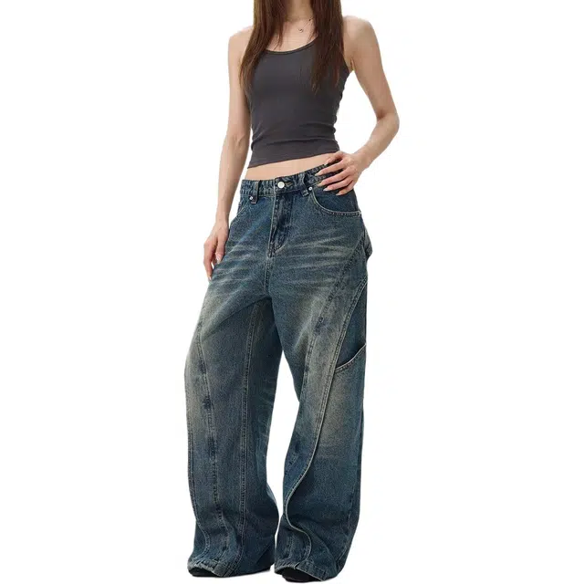 竺妃 美式复古拼接解构阔腿裤小众设计感宽松直筒潮牌长裤牛仔裤 女款