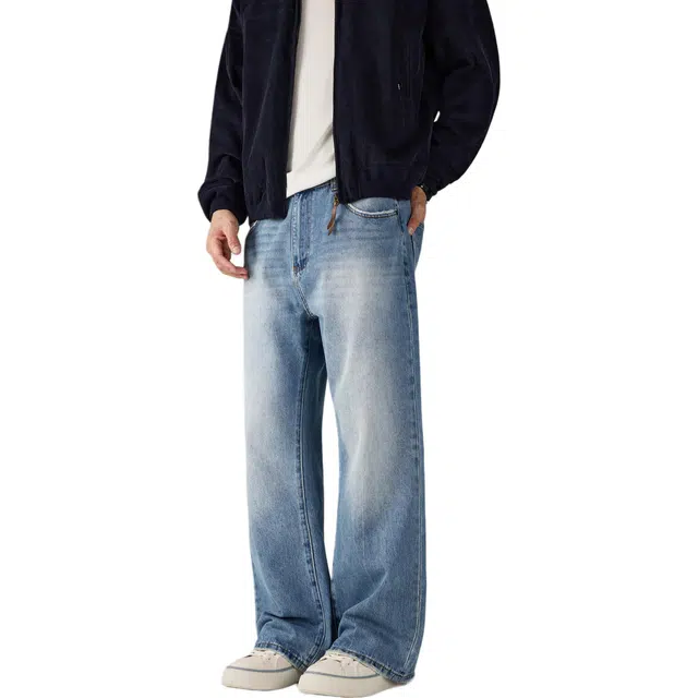 帝狼牛 复古水洗做旧线条设计感浅色宽松直筒显瘦百搭牛仔裤 男女同款