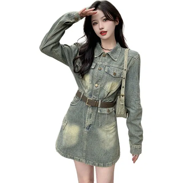桴生 大码复古潮流洗水做旧纯色收腰显瘦透气百搭牛仔服饰长袖连衣裙 女款